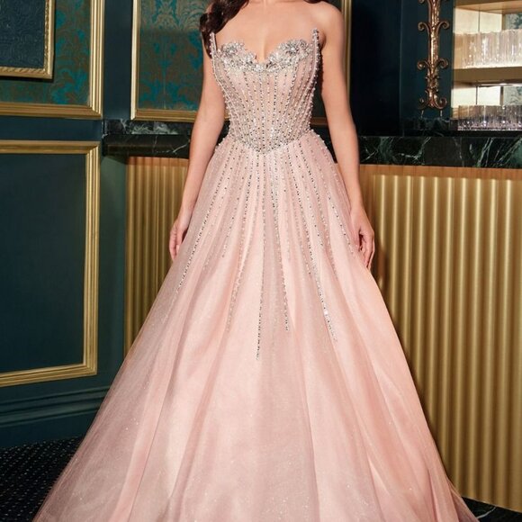 Strapless blush pink prom dress.Formal party black tie red carpet wedding  guest